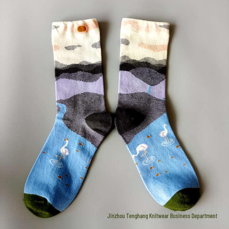 Șosete la modă cu pictură în ulei franceză: Șosete de vițel colorate, cu tub mediu-înalt, de nișă, la modă pentru femei