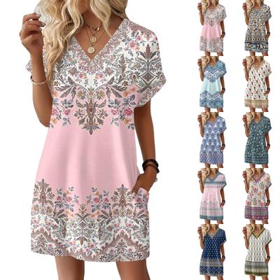 Robe pull décontractée à imprimé mode pour femme, col en V, manches courtes, avec poche