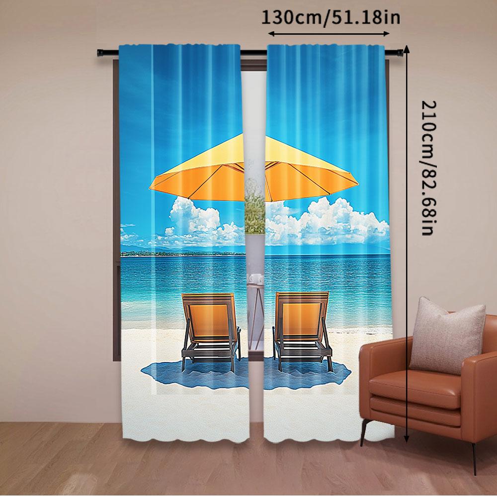 2Pcs Coastal Curtain 2 Chairs And Caribbean Sea Under Umbrella Suitable For Bedroom Bathroom Living Room Dining Room