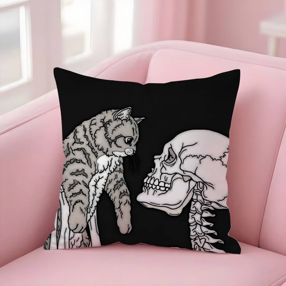 Creepy Skeleton Cat Halloween Pillow Case Short Plush Double-Sided Print Square Throw Pillow Covers Sofa Home Cushion Decor