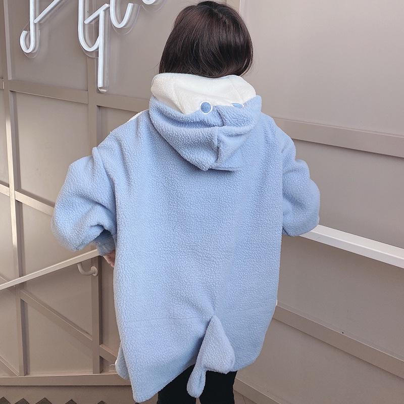 Women's Cute Shark Hooded Sweatshirt - Loose Fit, Korean Style, 2025 Autumn/Winter Lamb Wool