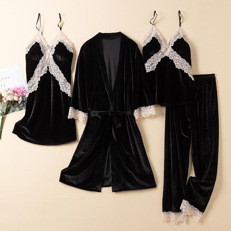 Velours-Nachtwäsche, warme Heimkleidung, neuer Winter-Pyjama-Anzug, lässiges Nachthemd für Frauen, sexy Nachtwäsche mit Spitzenbesatz, Loungewear