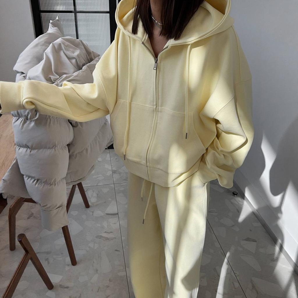 Autumn and winter new European and American style loose hooded zipper sweater set two-piece casual sweatpants women's solid color