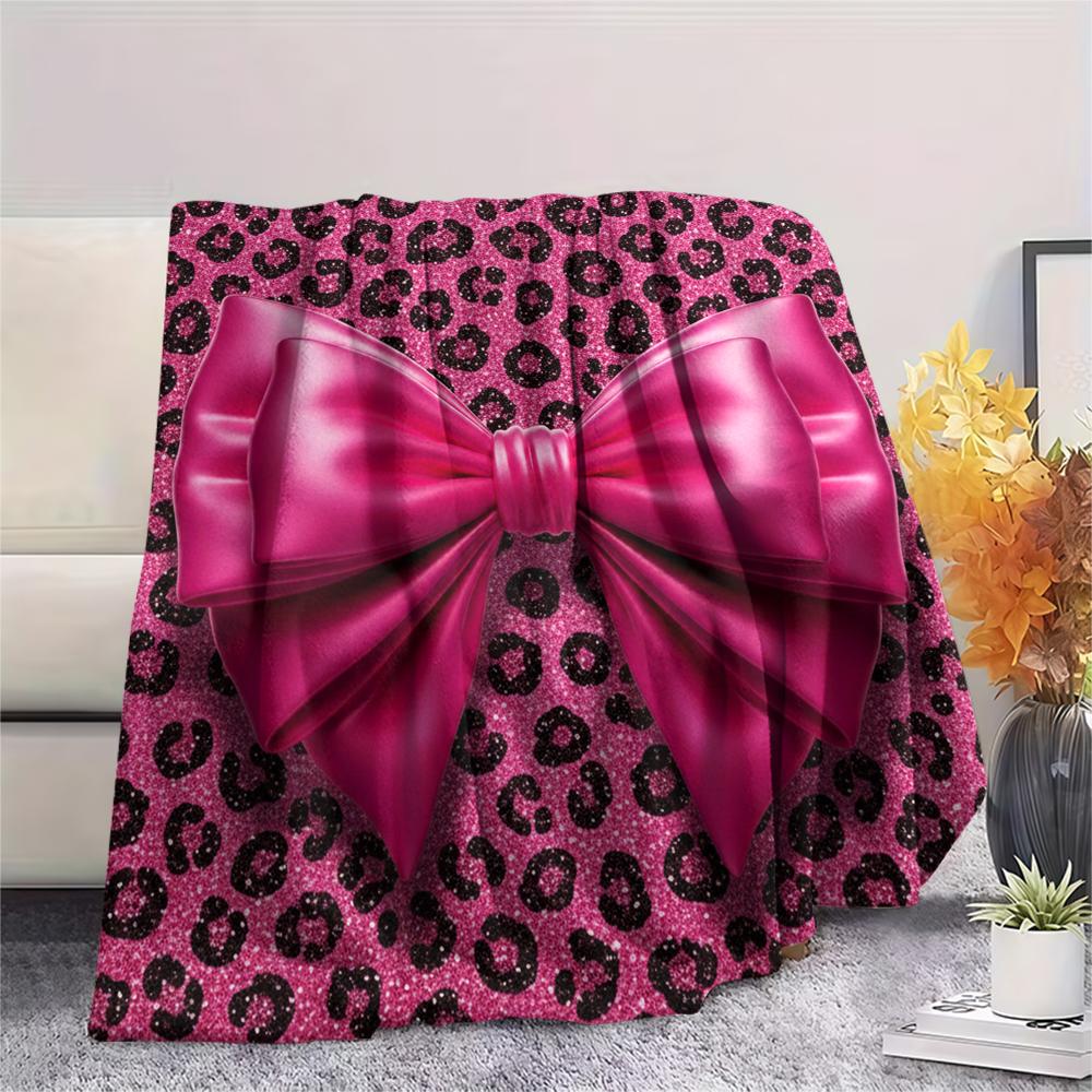 1Pc Pink&Black Bow Print Flannel Blanket, High quality Comfortable for All Seasons, Home Decor, Warmth and Comfort, Perfect for Christmas Gifts W28