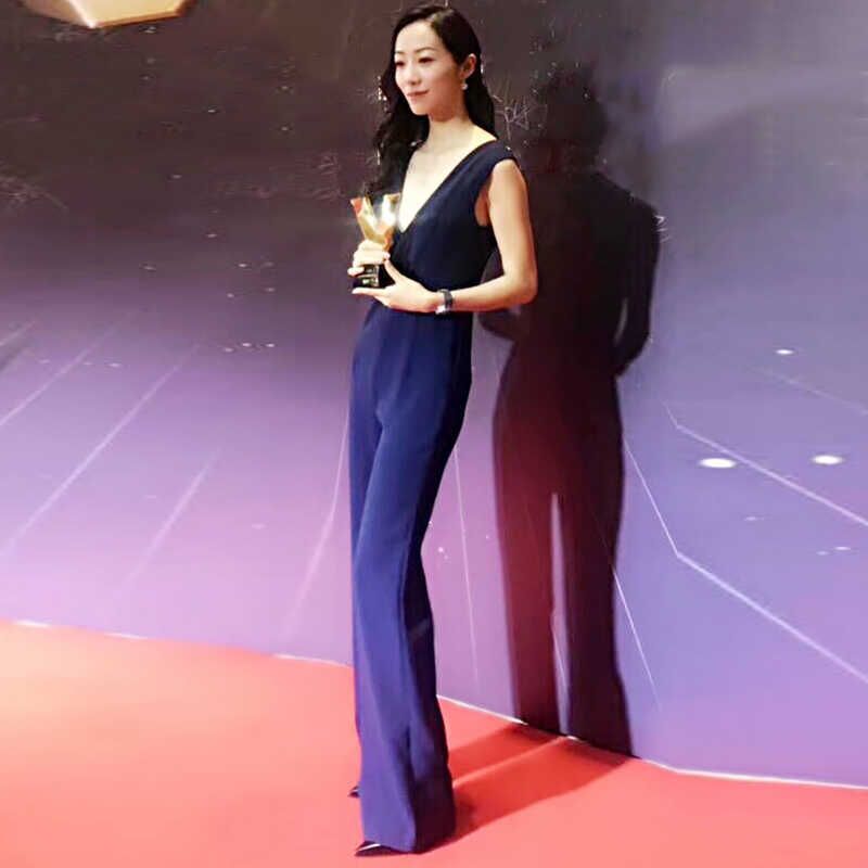 

Стиль светской львицы Элегантный стиль Хан Сюэ Такой же стиль Брюки с высокой талией и широкими штанинами Комбинезон Новинка Комбинезон Костюм Женская летняя одежда Han Xue Same Style Sleeveless Blue Jumpsuit L