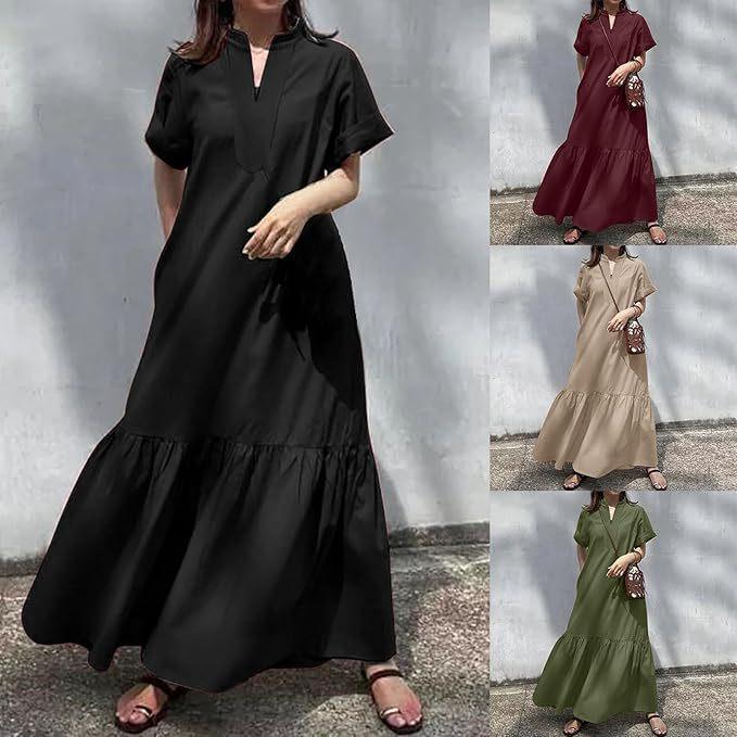 Women'S V-Neck Long Shirt Dress Casual Short Sleeve Loose Slit Dress