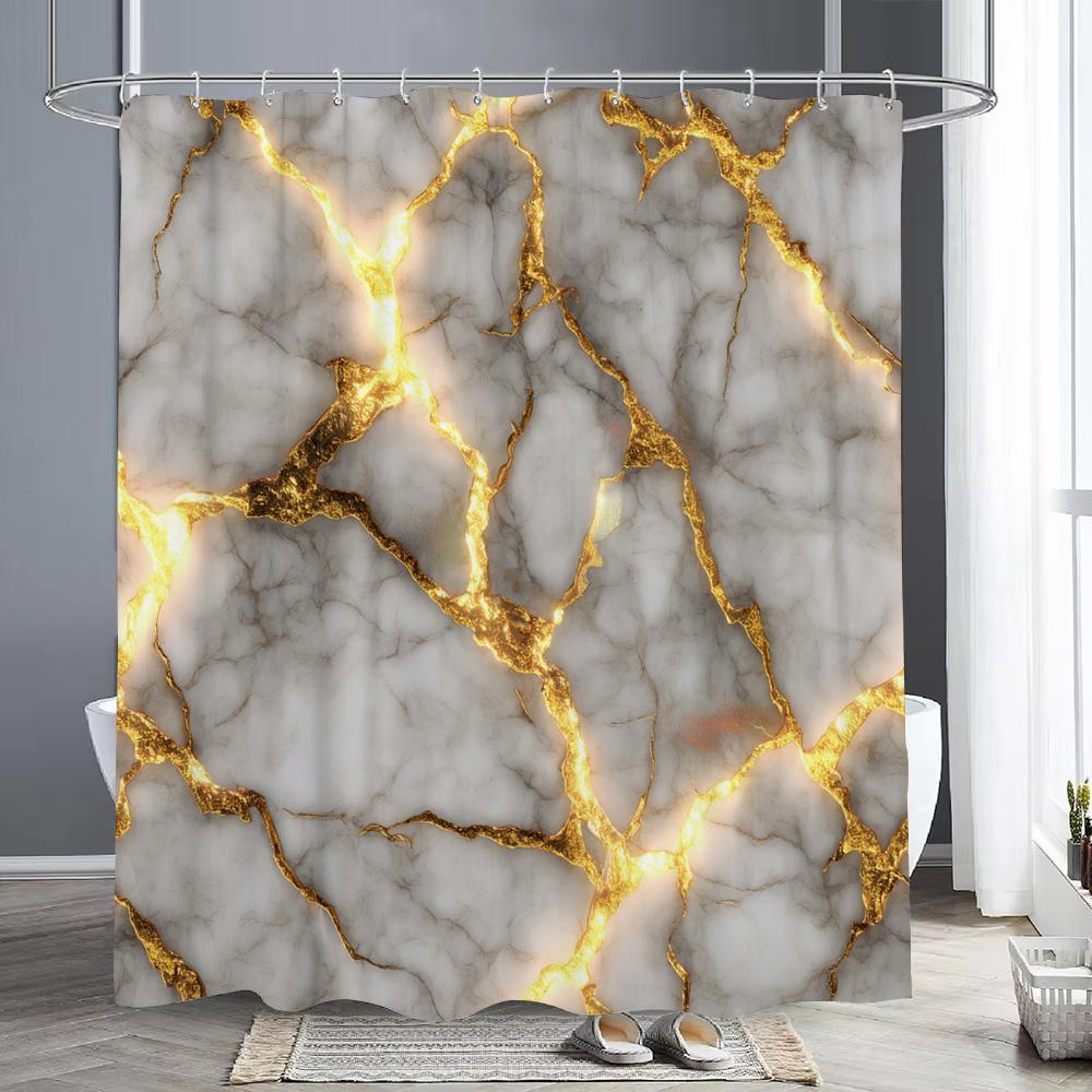 Textile Article Grey/Gold Luxury Abstract Background Liquid And Marble Texture Shower Curtain,Bathroom Decorative Shower Curtain, With Hooks