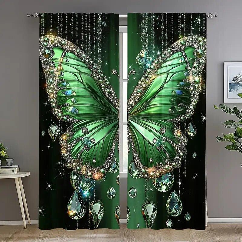 

2 Pcs Crystal butterfly print curtains,suitable for bedroom,living room kitchen decoration,home decoration,window decoration 14Wx59L(35x150CM)x2&Rod Pocket