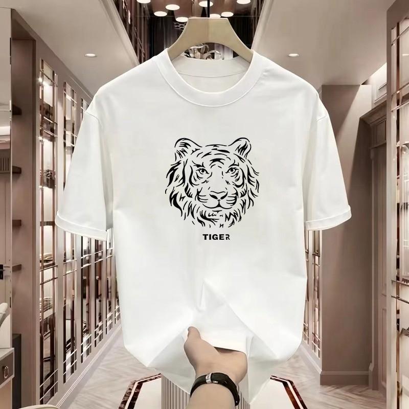 Mens Short Sleeve T Shirt Crew Neck Tiger Embroidery Loose Fit Casual Trendy Couple Tee