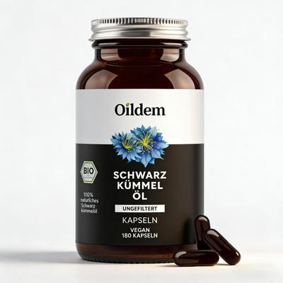 Oildem Organic Black Seed Oil Capsules – Unfiltered, Cold-Pressed, Vegan, 180 Capsules