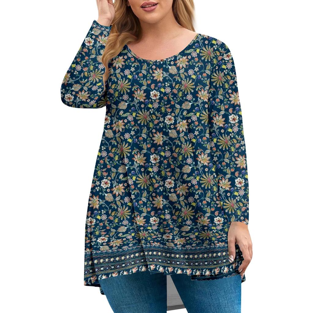 Women's Plus Size Top, Garden Collar Long Sleeved Shirt, Fashionable Floral Print Casual Top