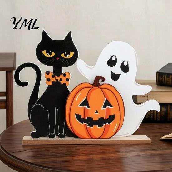 Compact Festive Ornaments Halloween Table Decor, Wooden Black Cat Ghost Pumpkin Decorations Indoor Cute Burr Free Wood Crafts Gifts, Room Decor