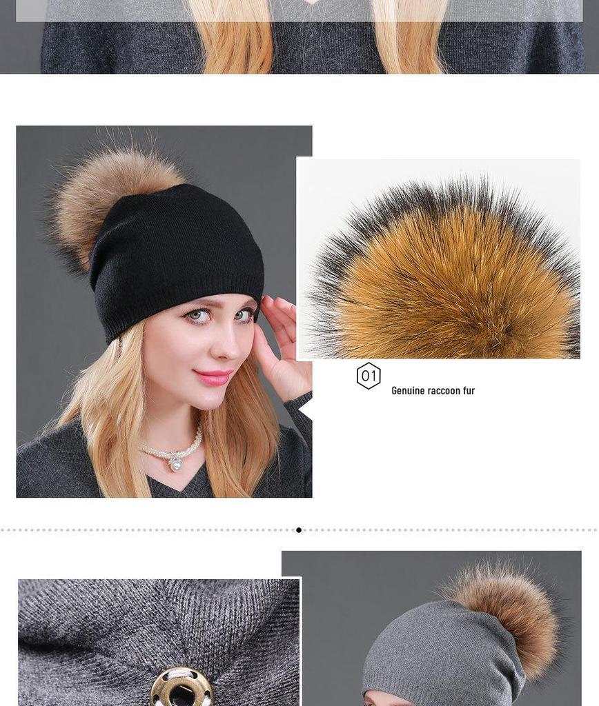Herbst- & Winter Damen Strickmütze aus Wolle mit Waschbärfell-Bommel - Stilvoll, warm, Pullover-Design.