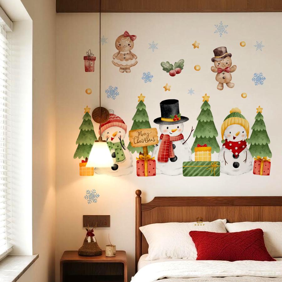 Festive Merry Christmas Wall Stickers with Snowmen & Gingerbread Removable Self-Adhesive for Kids Room Shop Restaurant Decor
