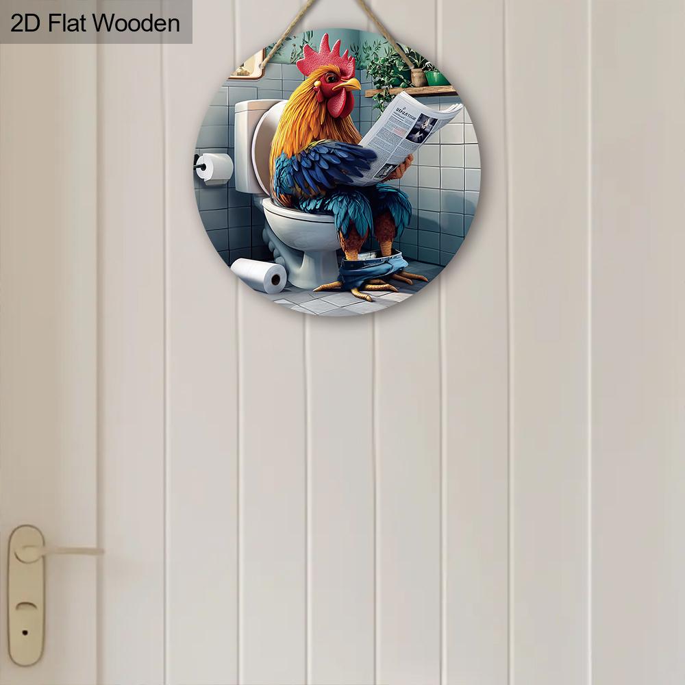 Funny Toilet Wooden Sign with Roosters Reading Newspapers Pattern, Unique Round Sign for Bathroom Door Hanging Decor