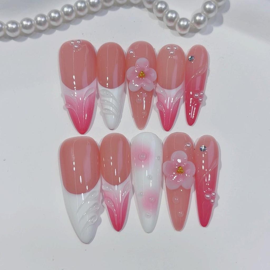 Pure Handmade 3D Gradient Pink Pearl Almond Nails - European & American Style