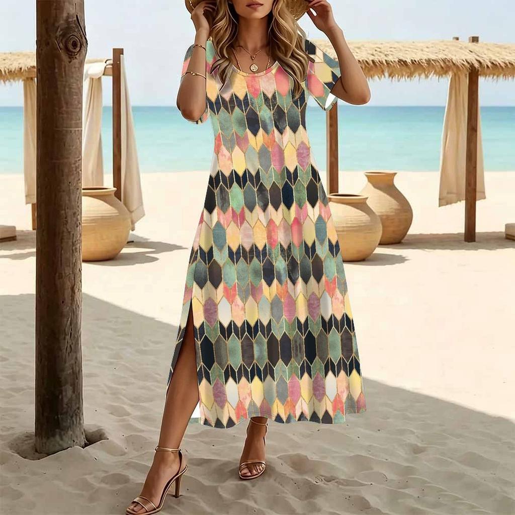 Women Fashion Round Neck Splashing Ink Gradient Grid Printed Short Sleeve Side Slit Dress Casual Vacation Dress Long Loose Dress