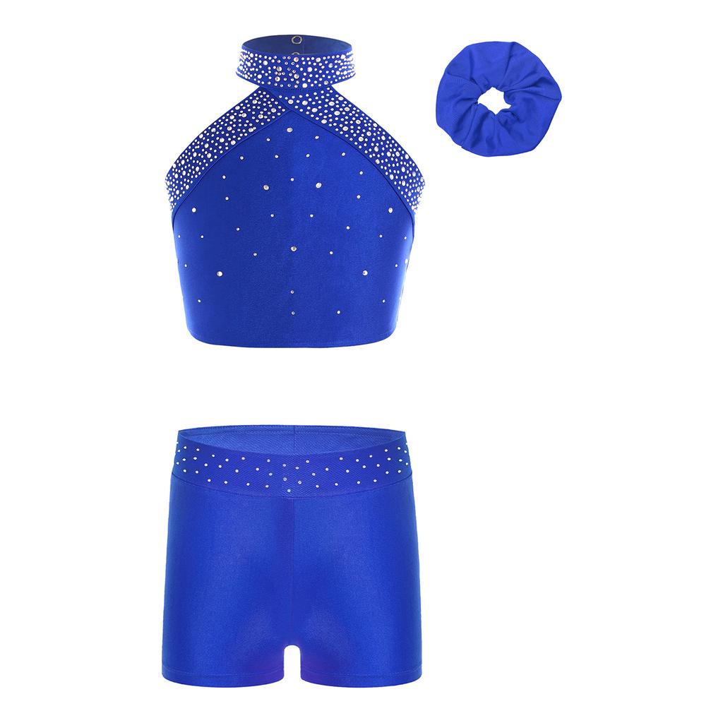 Mädchen Eiskunstlauf Kostüm Neckholder Ärmellos Rückenfrei Weste Strass Shorts Haarreif