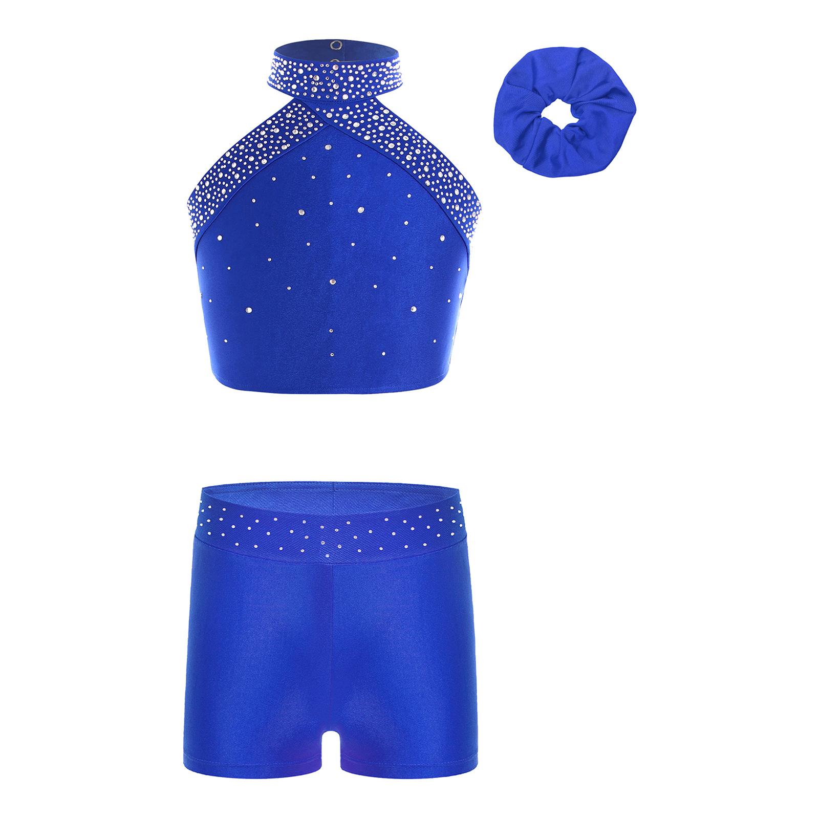 

Girls Figure Skating Costume Halter Sleeveless Backless Vest Rhinestone Shorts Hair Band 11-12 Years синій