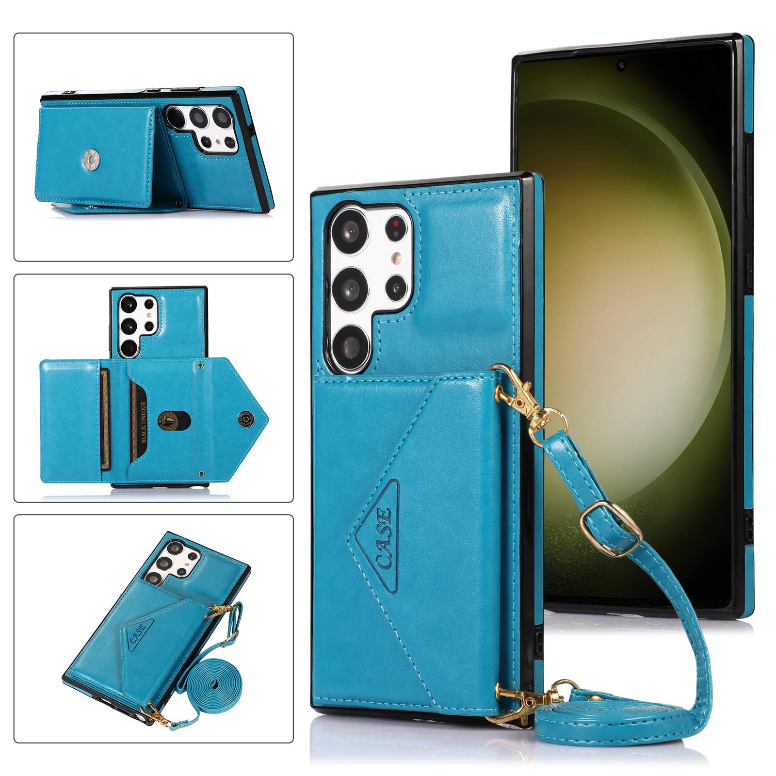 

For Samsung Galaxy S25 Ultra Cell Phone Case Triangle Lid Card Bag Leather+TPU Cover with Long Strap Blue