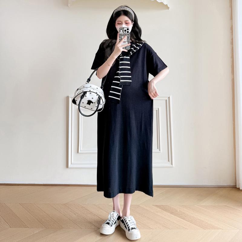 Striped Short-Sleeve Maternity Summer Shawl Dress - Loose, Plus Size, Casual & Slimming M