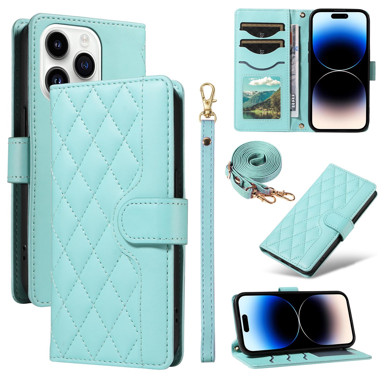 

For iPhone 14 Pro Crossbody Case Rhombus Leather Stand Flip Protective Cover Green