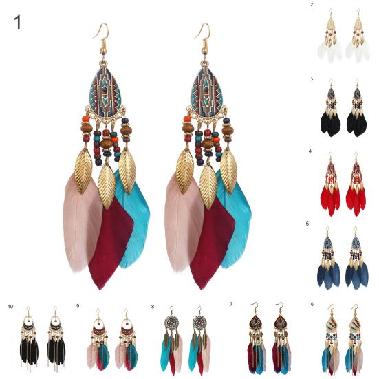 1 Pair Beads Multicolor Retro Drop Earrings Bohemian Long Feather Hook Earrings Party Jewelry