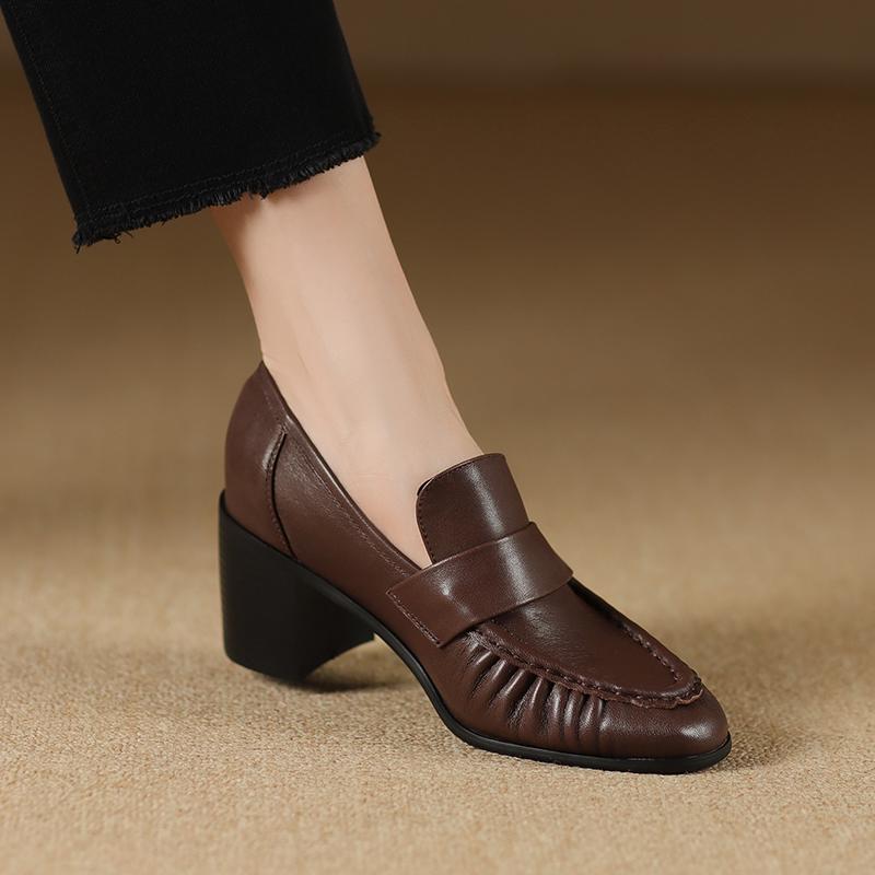 Fashion 2025 Women Pumps High Heels Classic Shoes Genuine Leather Round Toe Slip On Loafers Woman Leather Shoes Work Pleated Daily Shoes