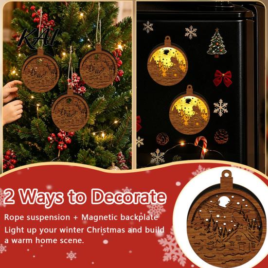 Natural Log Craft Gifts 3D Wooden Light Up Christmas Ornament, Layered House Tree Snowman Wood Engraving Decor Nativity Scene Hanging Decoration