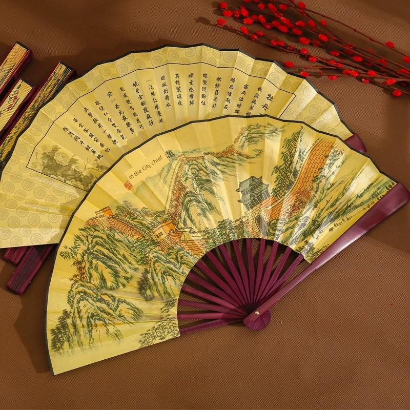 Gift Advertising Fan Chinese Ancient Style 10-Inch Men's Folding Fan Scenic Spot Raw Silk Male Fan Fan Engraved Logo