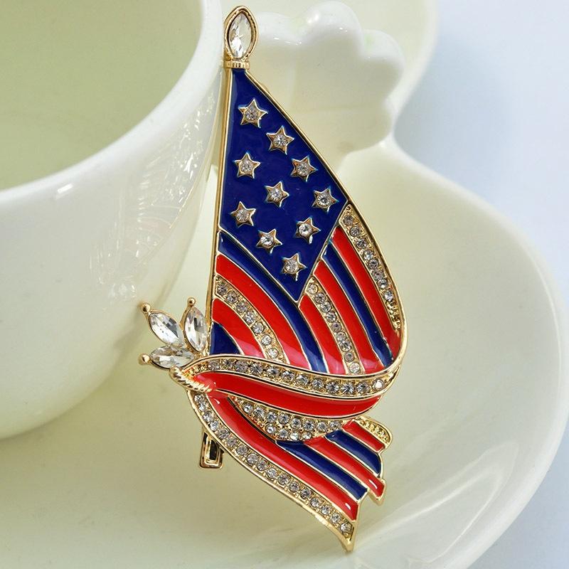 American Flag Pentagram Bow Gold Tone Crystal Brooch Lapel Pins USA Patriotic Jewelry for Women Men Coat Suit  Corsage