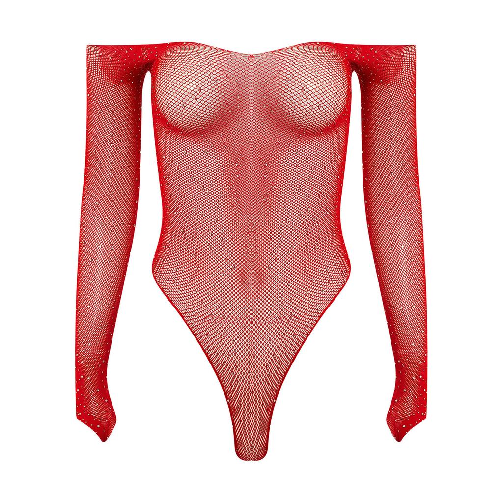 Damen glänzender Strassnetz-Off-Shoulder-Body mit langen Ärmeln, dehnbar