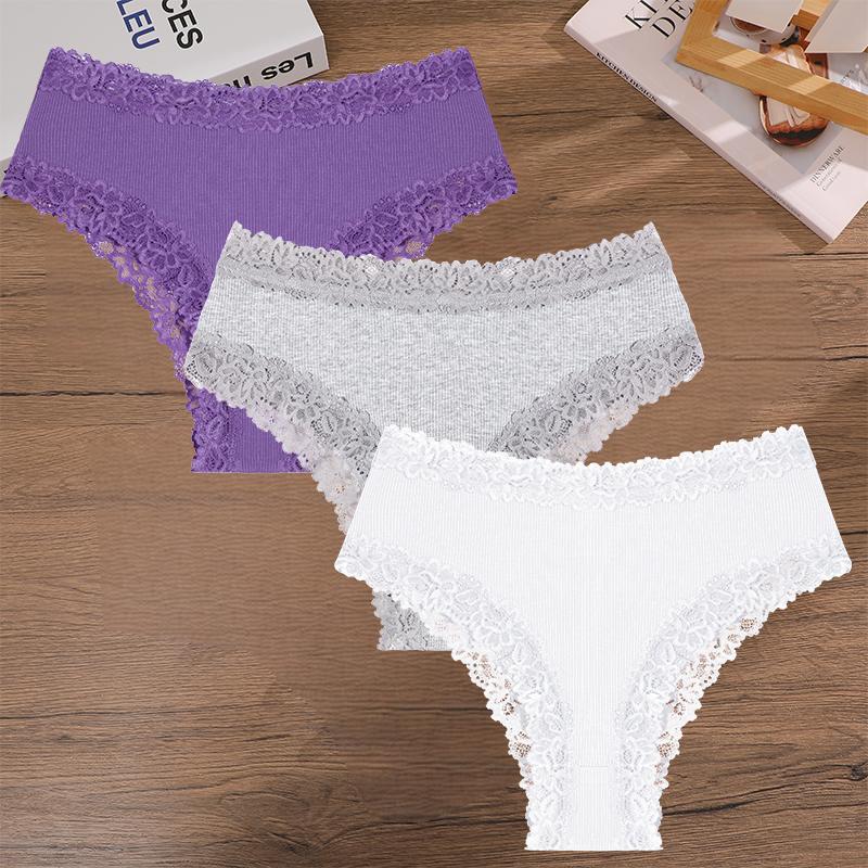 FINETOO 3Pcs Women Cotton Lace Panties Floral Intimate Briefs High Waist Brazilian Panties Female Soft Underpants Lingerie S-XXL