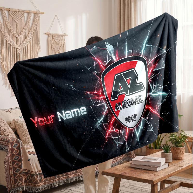 AZ Alkmaar Personalized Fleece Blanket With Football Logo, Custom Name Text Soft Warm Home Throw Blanket