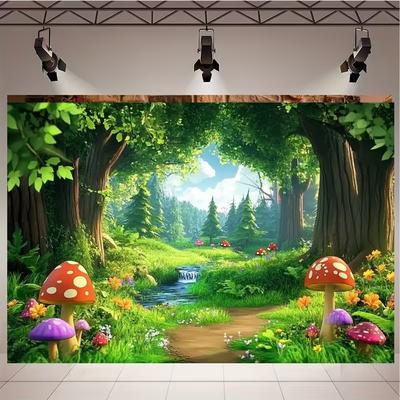 2D Magical Woodland Backdrop, Enchanted Mushroom & Stream Photo Booth Background