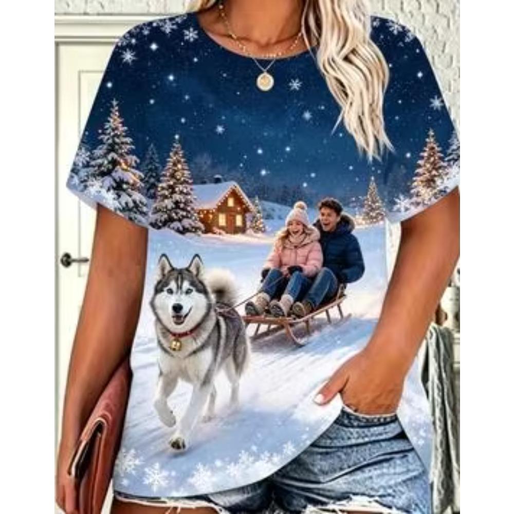 Women Christmas Shiba Inu Puppy T‑Shirt, Girl Playing Snow Winter Xmas Graphic Casual Short Sleeve Tee Holiday Daily Outfit