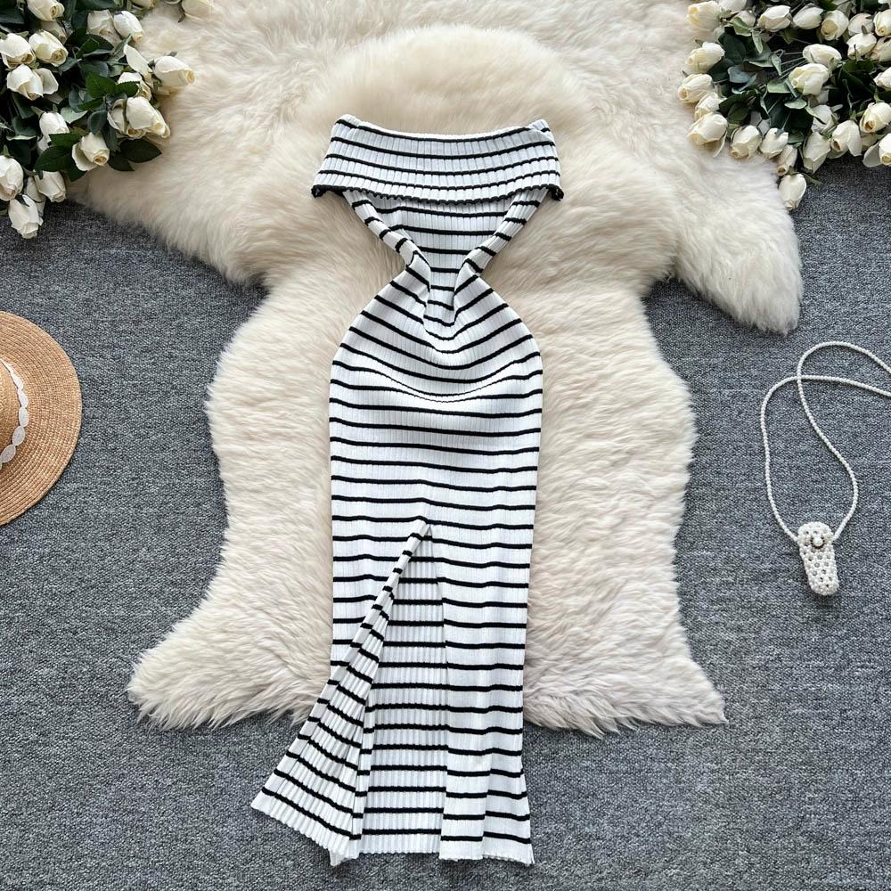 Summer Women Sexy Strapless Striped Knitted Sweater Office Work Sheath Dresses