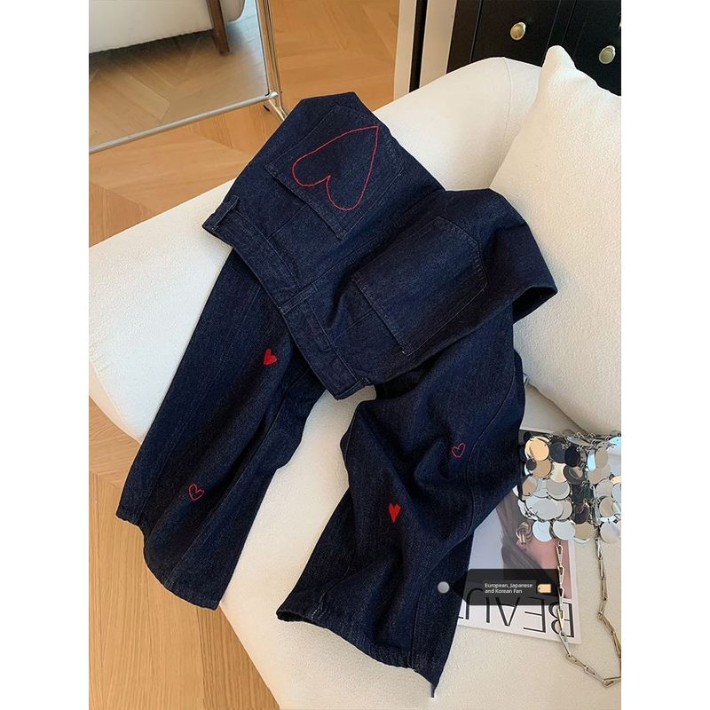 

Plus Size Fancy Heart Printing Wide-Leg Jeans Female Spring 2025 New Arrival High Waist Loose Casual Straight Pants Denning Blue [Quality Edition]] S