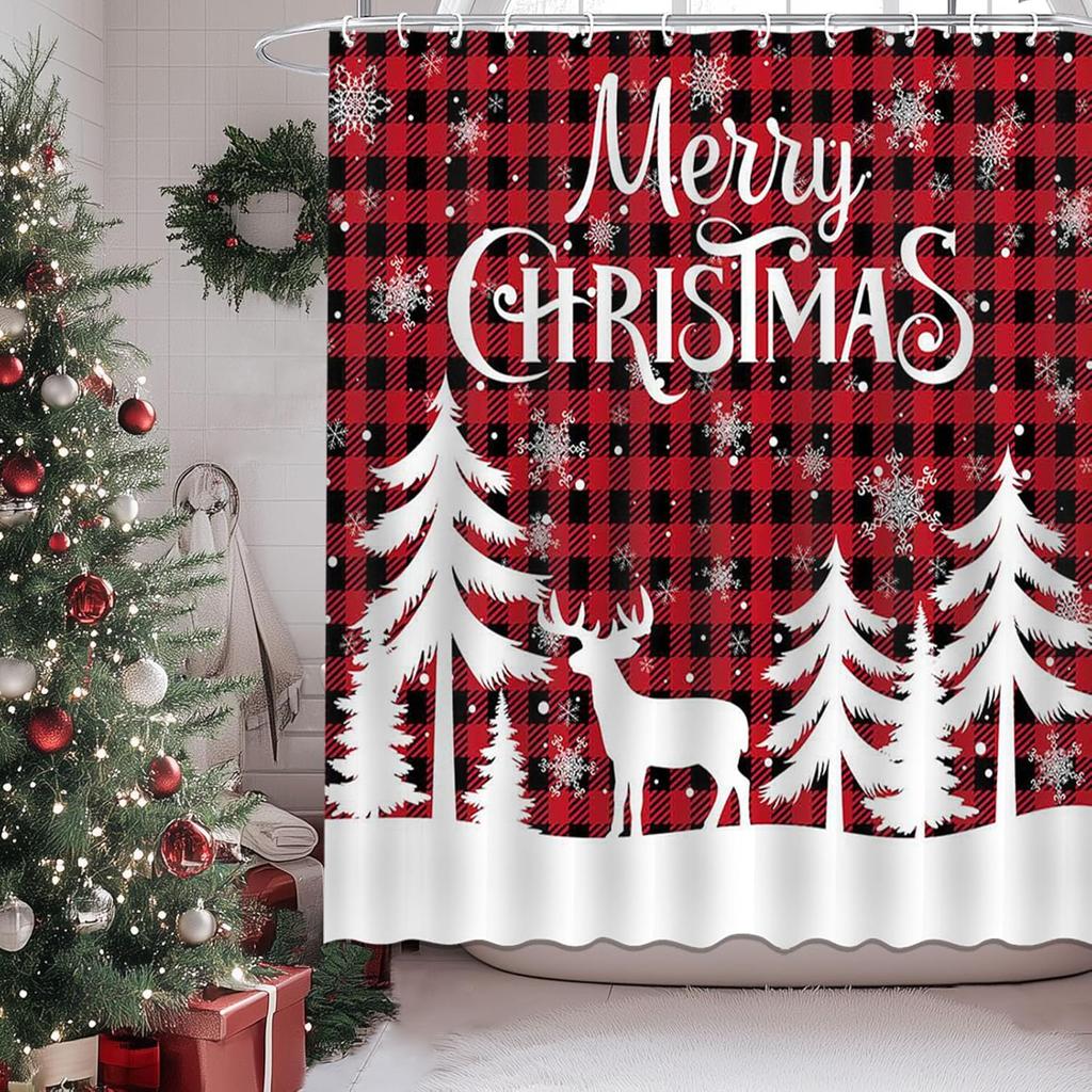 Red Christmas Shower Merry Christmas Red Buffalo Check Plaid Christmas Trees Snowflake Shower Curtain Bathroom Bathtub Curtain