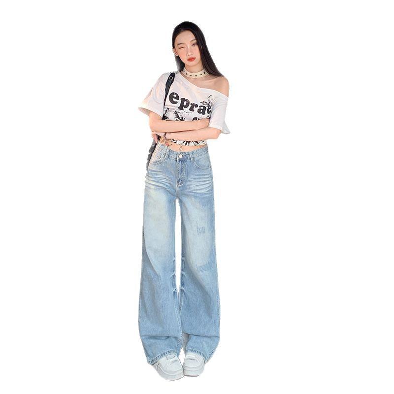 Women's Spring 2025 Retro American Light Blue Jeans - Loose Casual Slim Fit Straight Wide Leg Pants