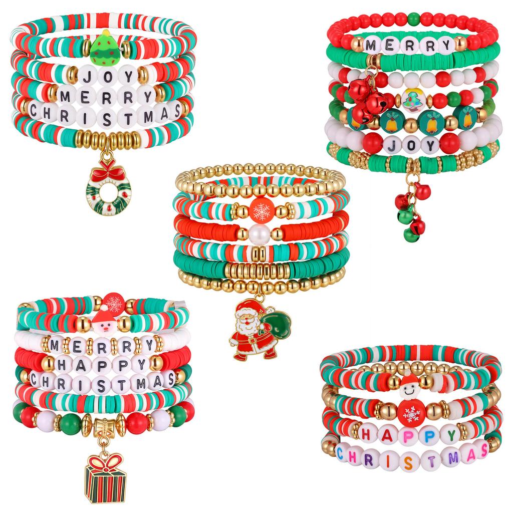 Christmas Bracelets, Charms Bell Snowman Xmas Tree Beaded Stretch Bracelets Set, Holiday Gift Jewelry For Women