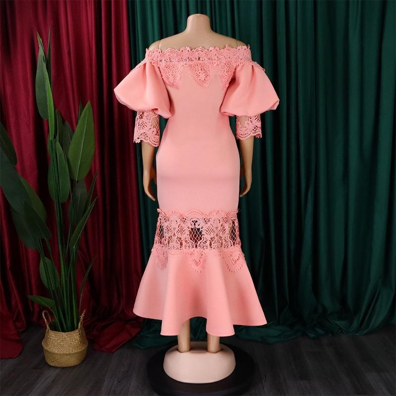 Women Off Shoulder Lantern Sleeve Solid Color Mermaid Long Bodycon Dress