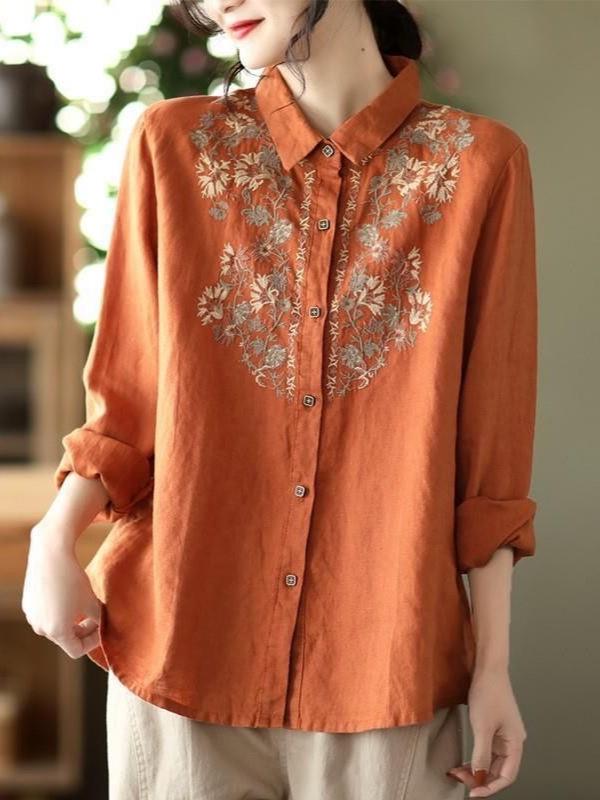 Retro Ethnic Embroidered Cotton Linen Blouse - Women's Long Sleeve, Spring 2025.