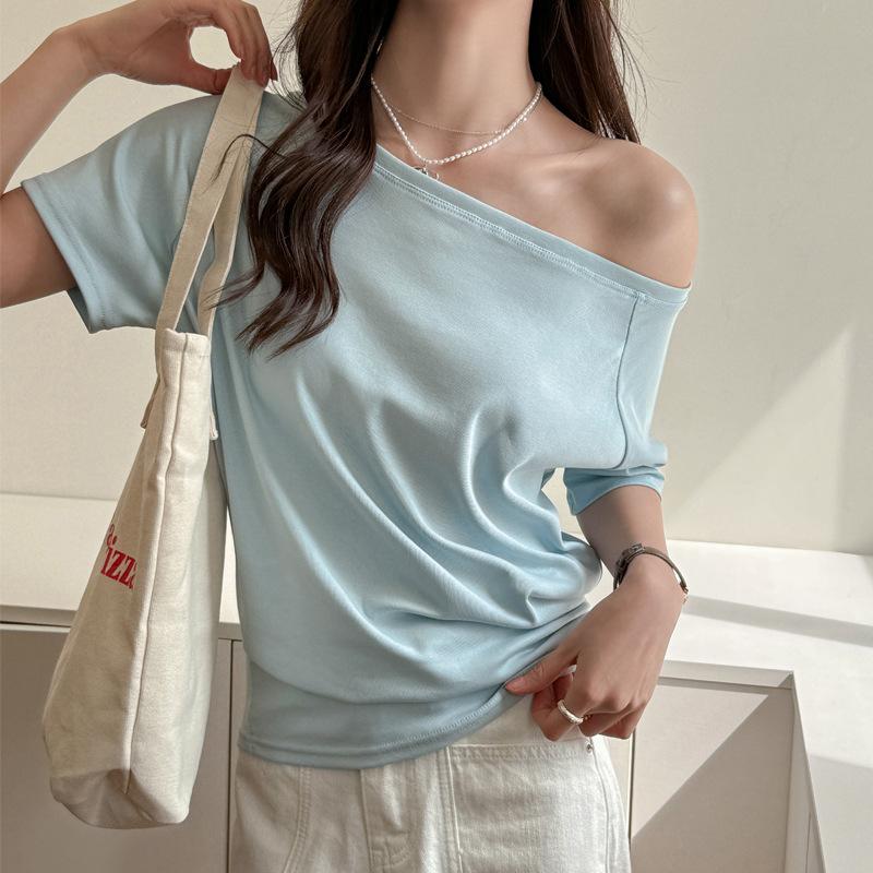 One-shoulder Exposed Off-shoulder Gray Loose Short-sleeved Women's Outerwear High-end Casual Spring Summer Shoulder-falling Top