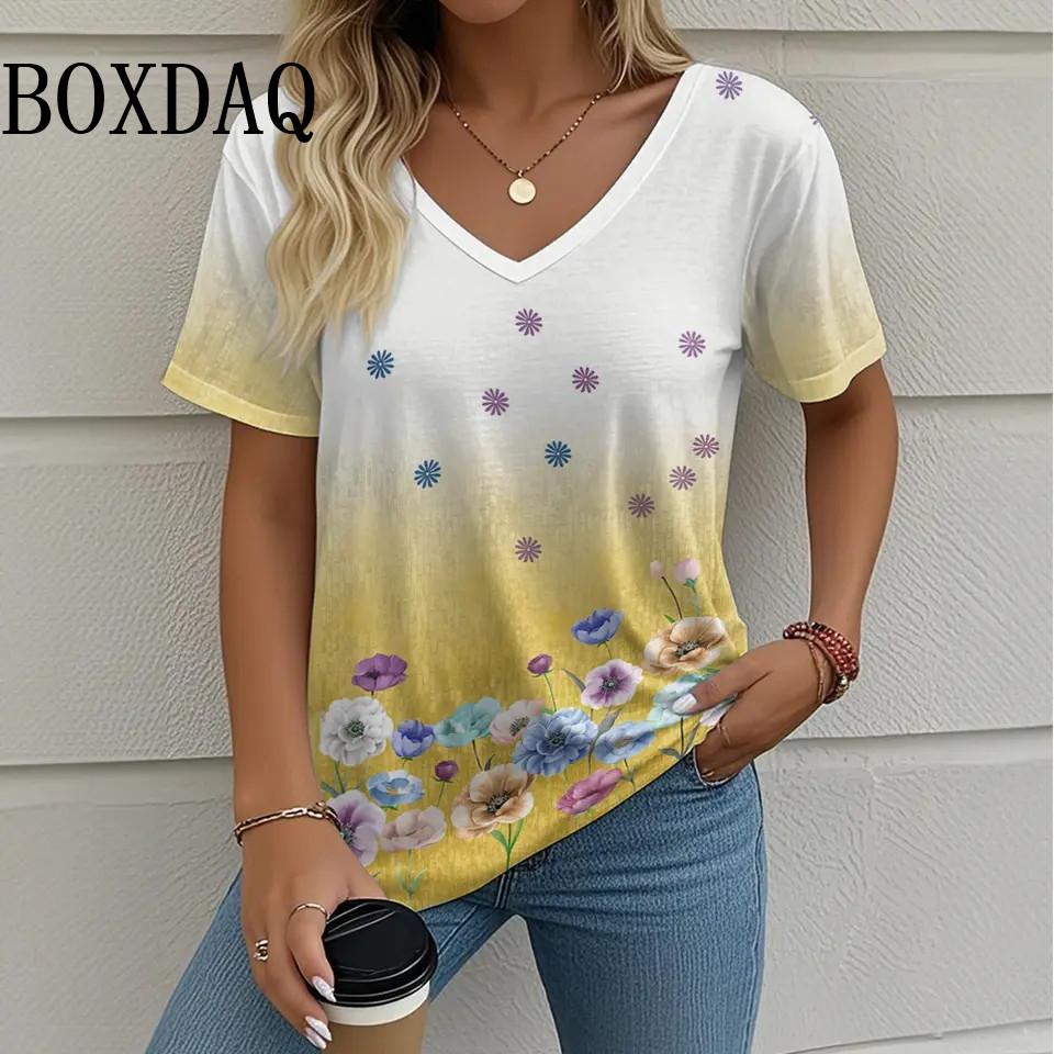 Summer Casual Loose Short Sleeve T Shirt Vintage V-Neck Flowers Printed Women's Tee Tops Plus Size Ladies T-Shirt Clothing