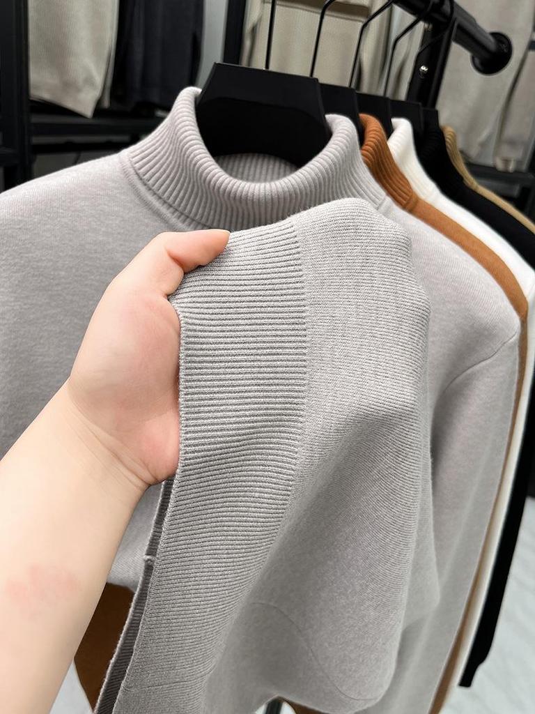 Men's Fashionable Thick Knit Pullover with Double-Fold High Neck, Fleece-Lined for Warmth, Solid Color, Perfect for Middle-Aged and Young Adults.