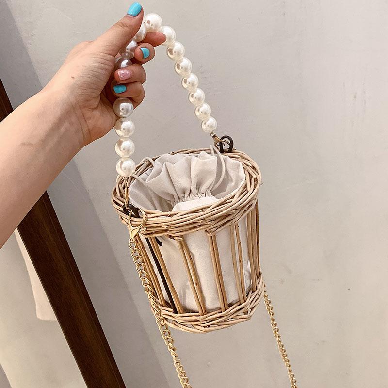 

Straw Bags For Women Summer Pearl Chain Handmade Rattan Beach Handbag Travel Female Basket Tote Hand Bag