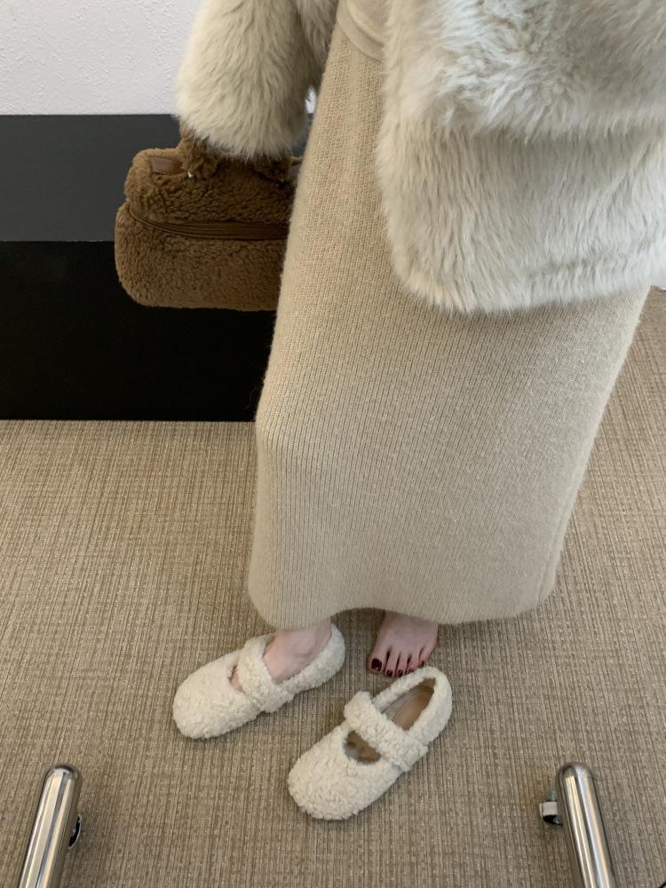 Lamb Wool Round Head Mary Jane Plush Wool Shoes Women Wear Flat Cotton Single Shoes In Winter