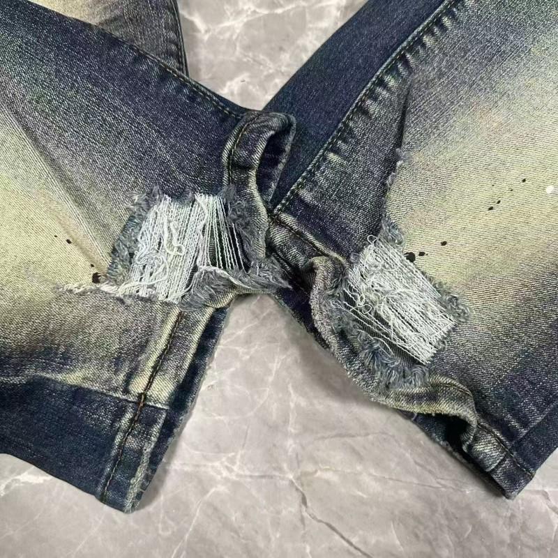 Mor Eskitilmiş Boya Sıçratmalı Geniş Paça Kot Pantolon Erkek Kadın Dar Kesim Sokak Stili