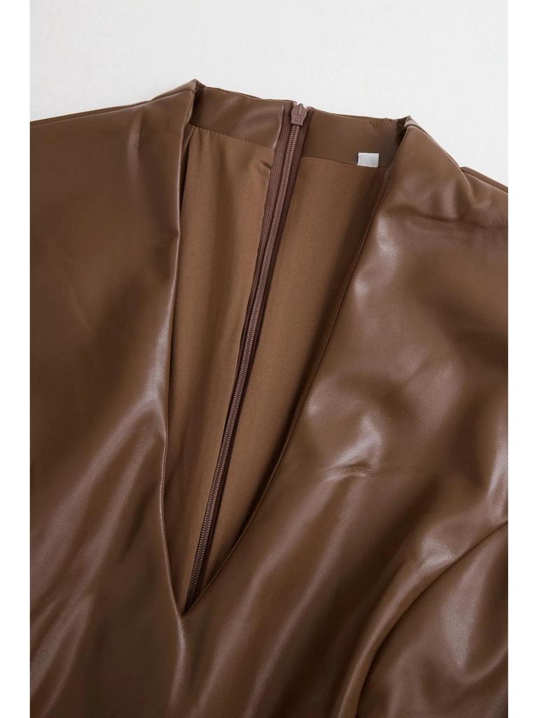 2026 European Fashion Long Sleeve V-neck Slim Fit Leather Bodycon Dress